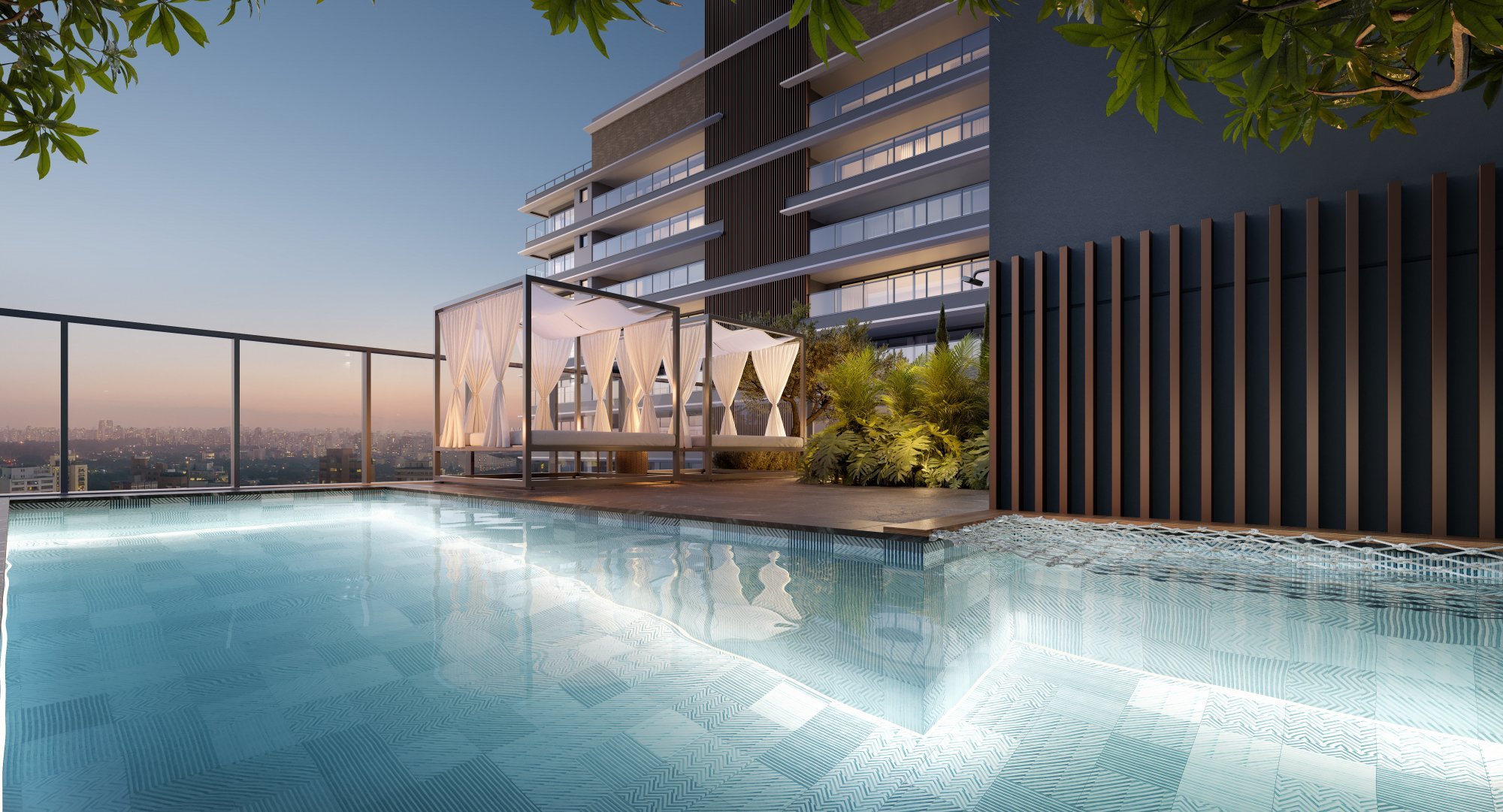 Piscina no 19º pavimento do Casa Piauí Studios, com solário e bangalôs — perspectiva artística