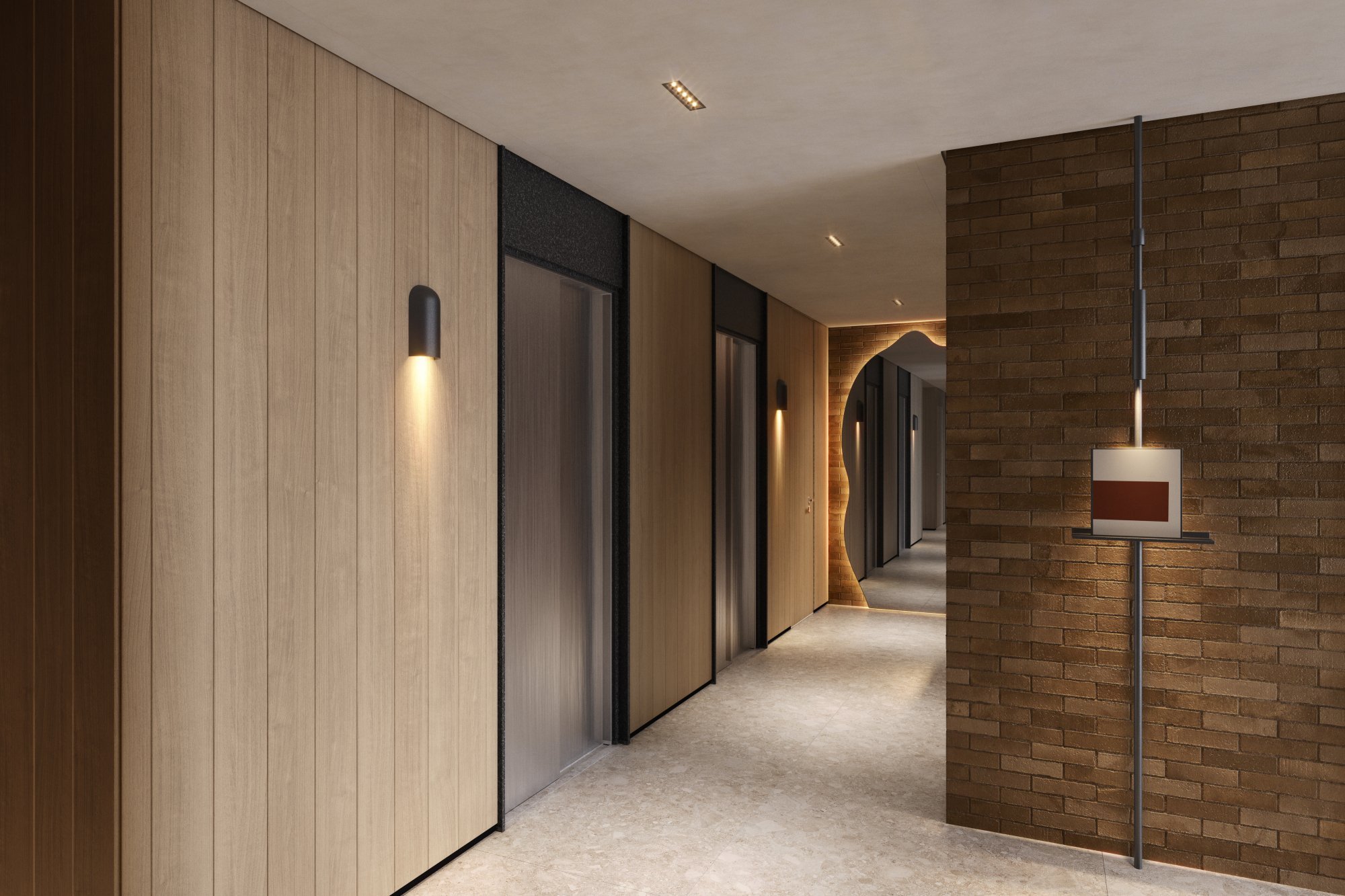 Lobby e hall de elevadores do Casa Piauí Studios — perspectiva artística