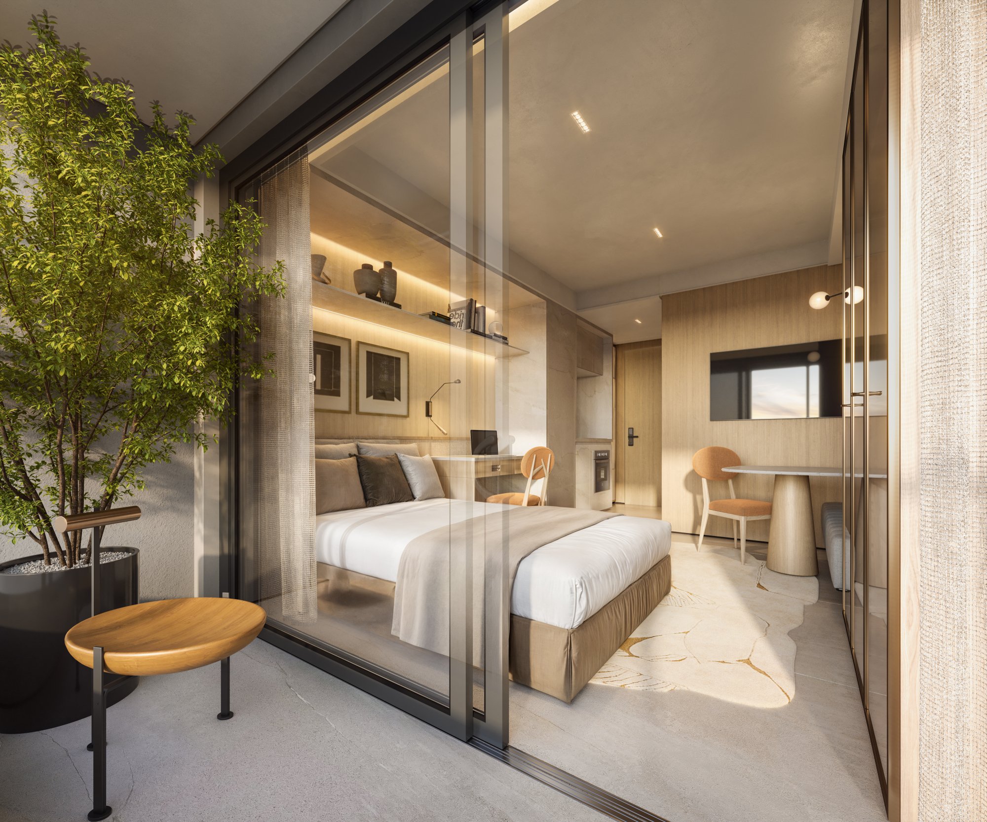 Studio de 24 m² privativos do Casa Piauí Studios, com terraço e ambientes integrados — perspectiva artística