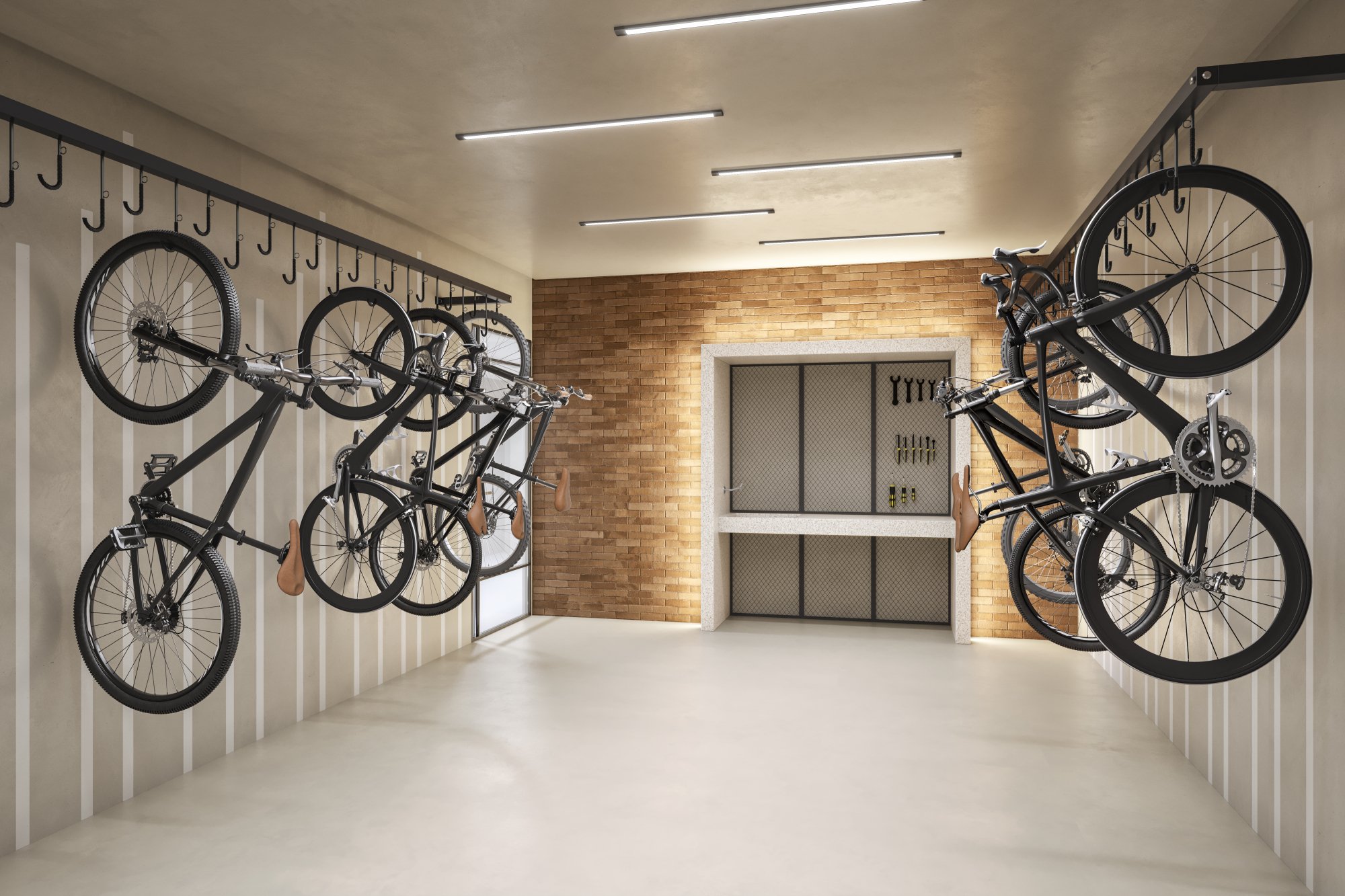 Bicicletário do Casa Piauí Studios, com suportes de parede e bancada de manutenção — perspectiva artística