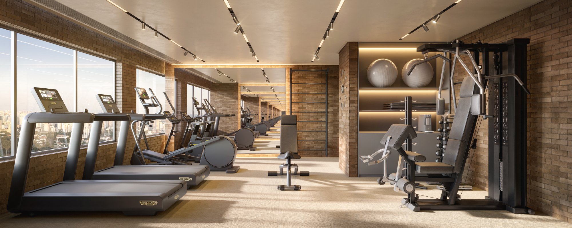 Fitness no 18º pavimento do Casa Piauí Studios, com equipamentos Technogym — perspectiva artística