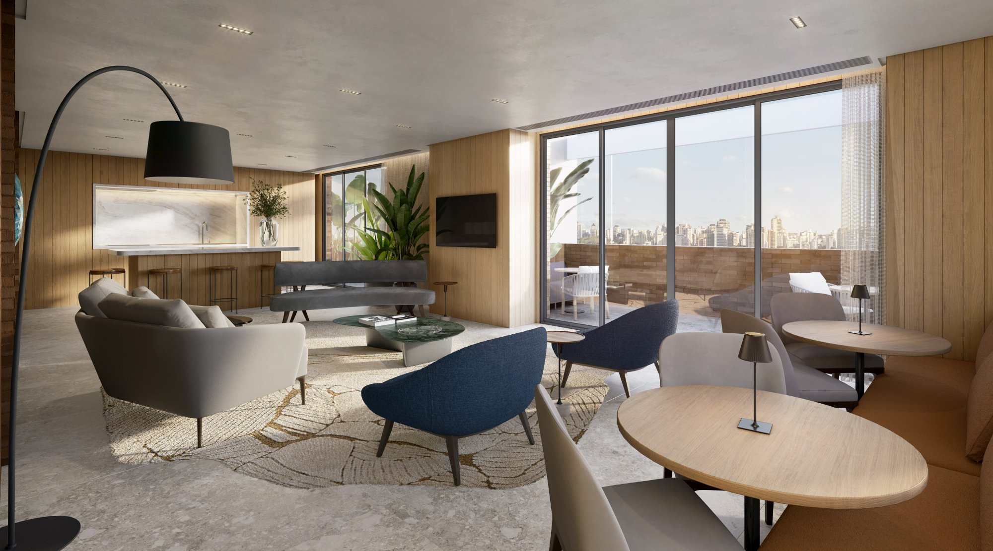 Living Gourmet no 18º pavimento do Casa Piauí Studios, com terraço e vista da cidade — perspectiva artística