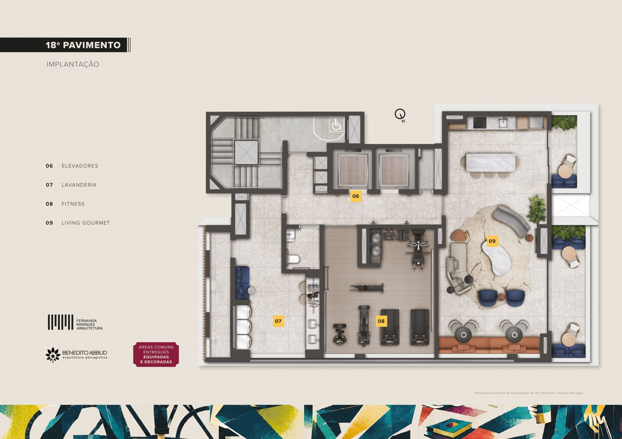 Implantação do 18º pavimento do Casa Piauí Studios: lavanderia, fitness e living gourmet