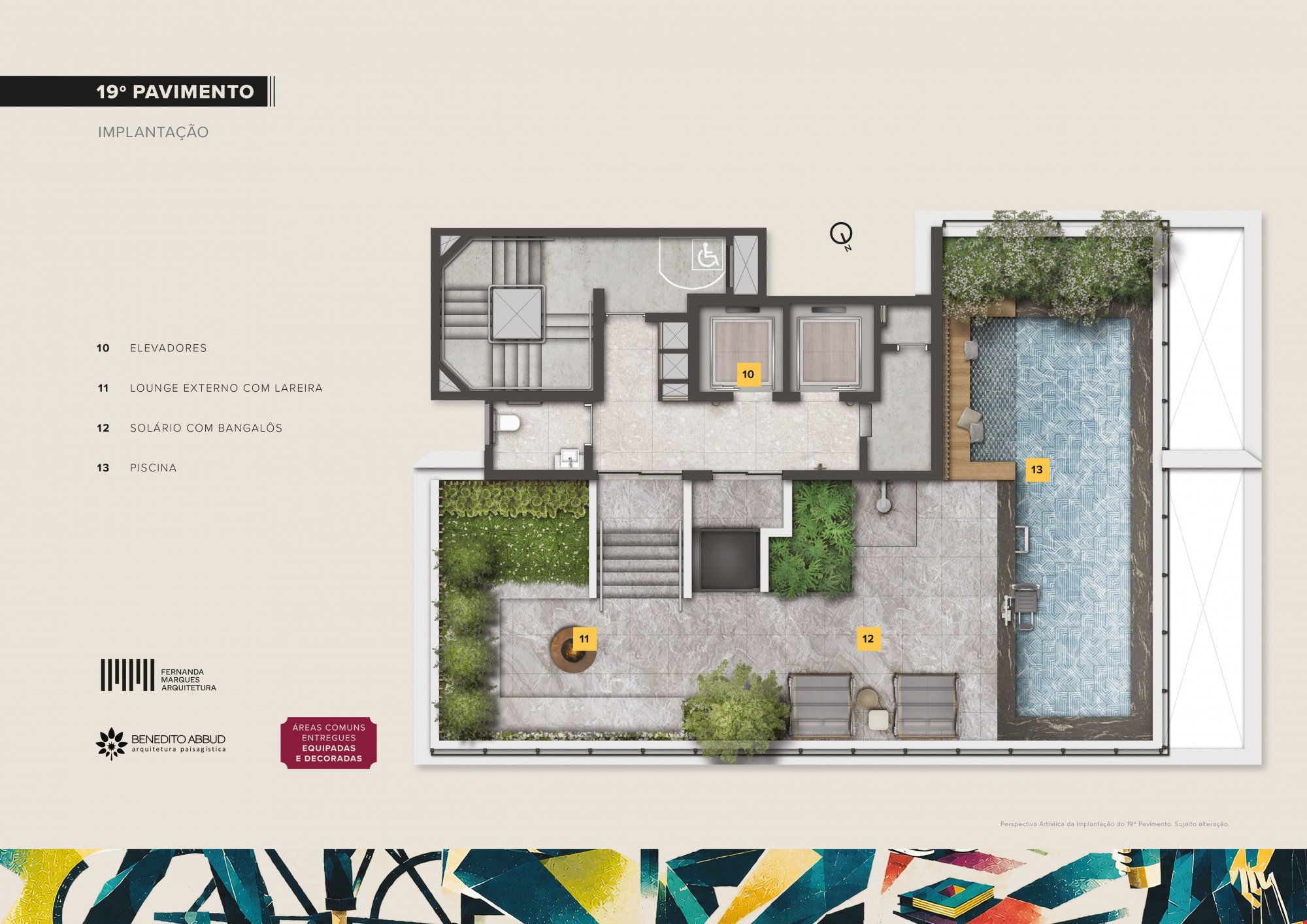 Implantação do 19º pavimento do Casa Piauí Studios: piscina, solário com bangalôs e lounge com lareira