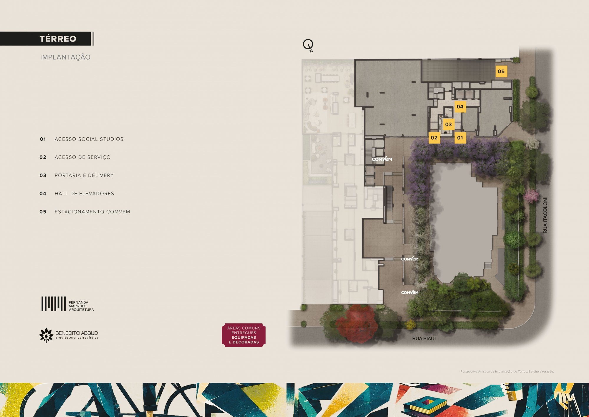 Implantação do térreo do Casa Piauí Studios: acessos, portaria e estacionamento do mall ComVem