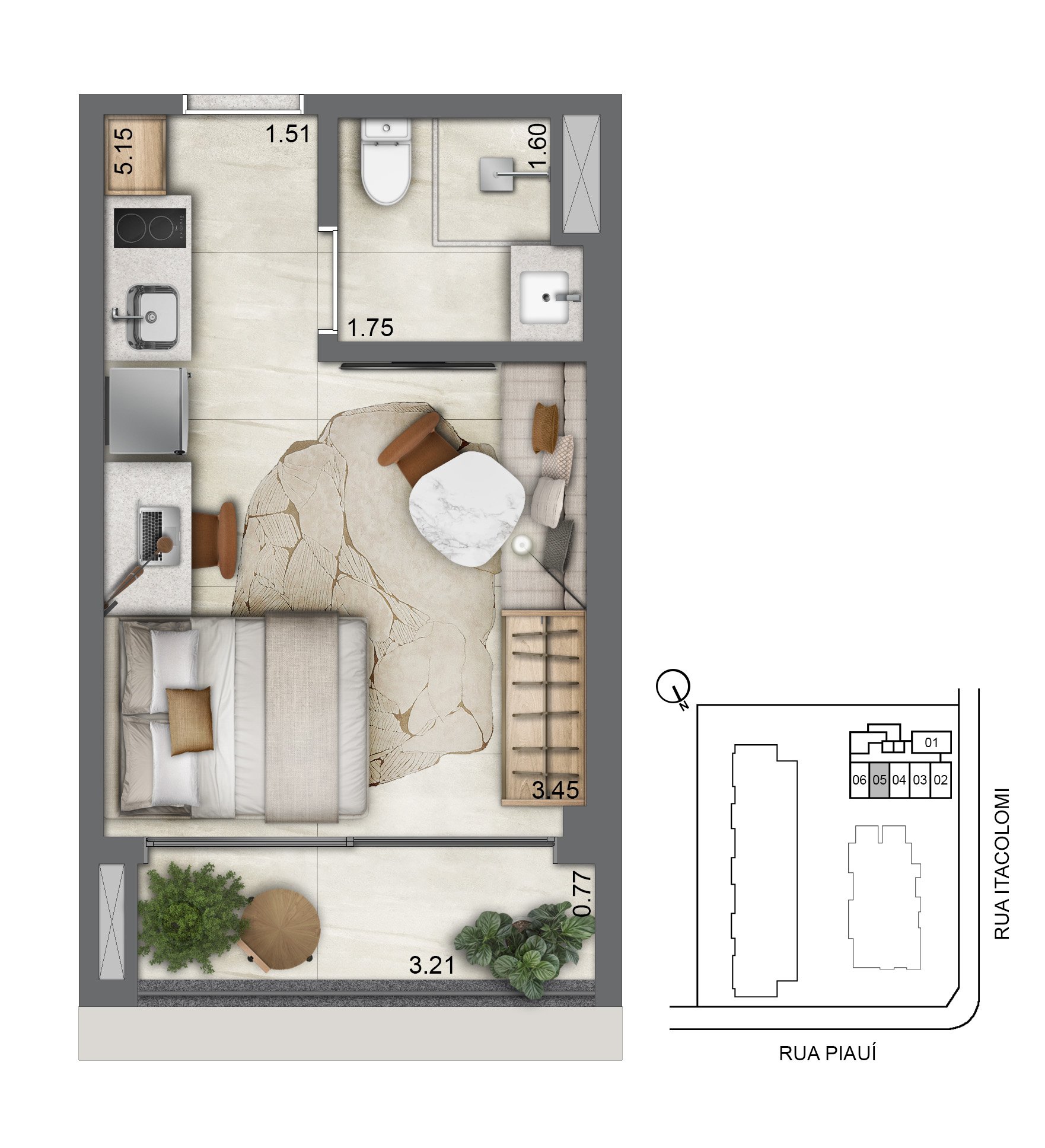 Planta do studio final 05, 24,91 m² privativos, do 2º ao 17º pavimento do Casa Piauí Studios, com cotas